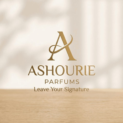 ASHOURIE PARFUMS gold monogram on a cream wall above warm wood